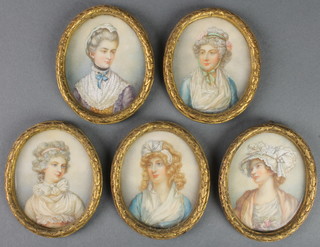 Five 19th Century oval watercolour miniature studies on ivory of ladies in fancy gilt metal frames 3" x 2 1/2" 
