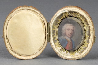 19th Century watercolour, oval portrait miniature of a gentleman wearing a red waistcoat and blue jacket with a gilt glass interior and oval Moroccan leather case 2 3/4" x 2 1/2" 