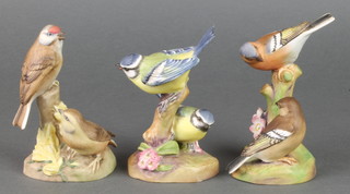 3 Royal Worcester bird groups of Chaffinches 3364 5 1/2", Blue Tits 3375 5 1/2" and Linnets 3365 5" 
