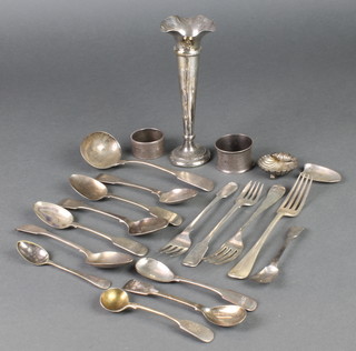A Victorian silver fork Dublin 1895, minor flatware including napkin rings etc, weighable silver 100 grams