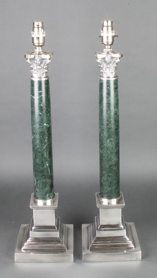 A pair of plated mounted hardstone table lamps in the form of a Corinthian columns 20" 