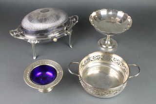 An Edwardian silver plated breakfast dish and 3 other items