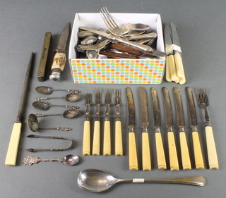 A part set of Victorian silver teaspoons comprising 5 spoons, pair of nips and sugar spoons with apostle handles and scallop bowls, Birmingham 1900 and minor plated cutlery 