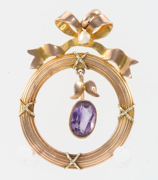 An Edwardian 9ct gold amethyst 2 colour gold pearl set pendant