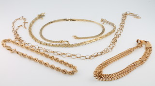 A 9ct yellow gold necklace, 2 ditto bracelets and a 10ct gem set ditto, gross 14 grams