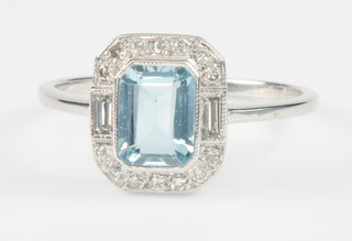 An 18ct white gold aquamarine and diamond Art Deco style ring, size N 1/2