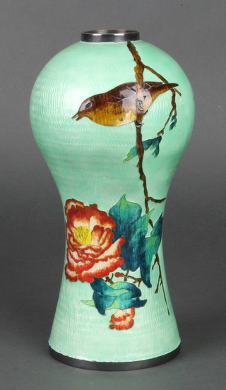 A 20th Century Korean silver and enamelled waisted baluster vase decorated with a bird amongst flowers 8" 