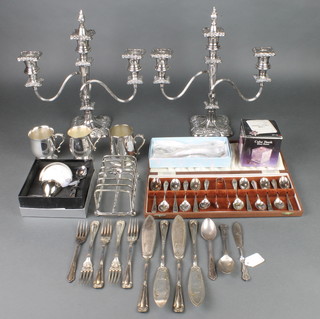 A pair of 3 light silver plated candelabra and minor plated items