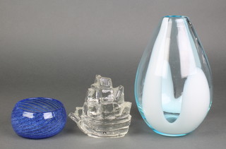 A Pukeberg galleon paperweight 4 1/2", 2 Art Glass vases 