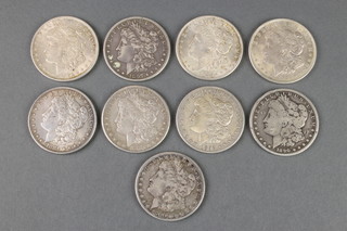 Nine 1 dollar silver coins 1881-1921