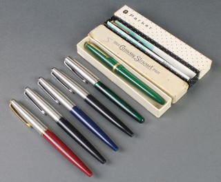 A green Conway Stewart 106 fountain pen boxed, a blue Parker Slinfold fountain pen boxed, a green Parker Frontier, 1 black, 1 blue and 1 red Parker 45 