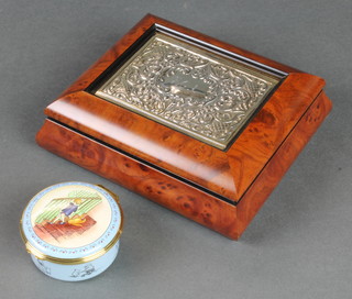 A Halcyon Days enamelled patch box decorated with Christopher Robin and Winnie the Pooh, boxed and a silver mounted cigarette box 