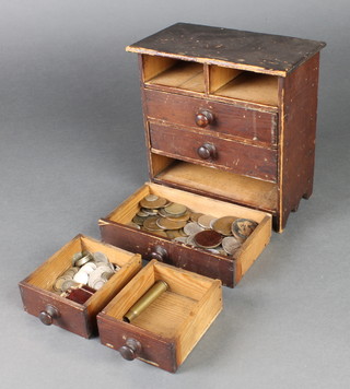 Coins, minor European in a pine 4 drawer miniature chest