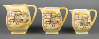 3 1930's L & Sons square pottery jugs decorated The Jolly Drover 6", 5 1/2" and 5" 