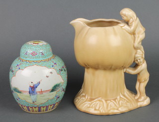 A "famille verte" ginger jar and cover the base with seal mark 5" together with a Sylvac brown glazed pottery jug the handle in the form of elves, base marked 1969 8" 