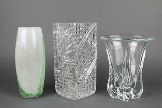 A Vennes  boat shaped clear Art Glass vase 9", a green and white opaque glass vase 10", a square cut glass vase 10" 
