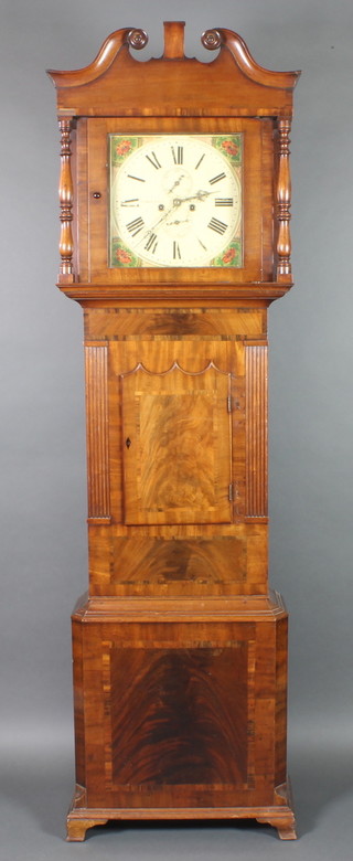 T Milner, Wigan, an 18th Century 8 day striking longcase clock, the 14" painted square dial with subsidiary seconds and calendar dials, the crossbanded mahogany case with shaped door, on ogee bracket feet 