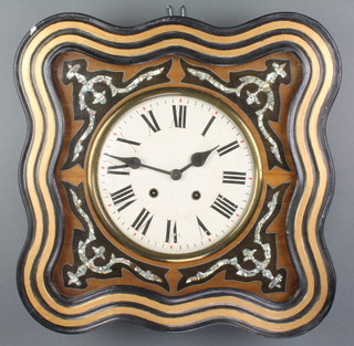 A 19th Century French striking vineyard clock, the 9" circular painted dial  with Roman numerals contained in a wooden case with mother of pearl inlay  