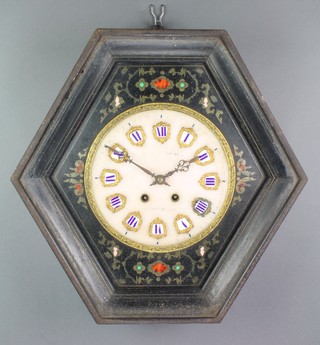 A 19th Century French striking vineyard clock, the 9" porcelain dial with gilt and porcelain panelled Roman numerals, contained in an hexagonal case, inlaid brass and polished hardstones 20"