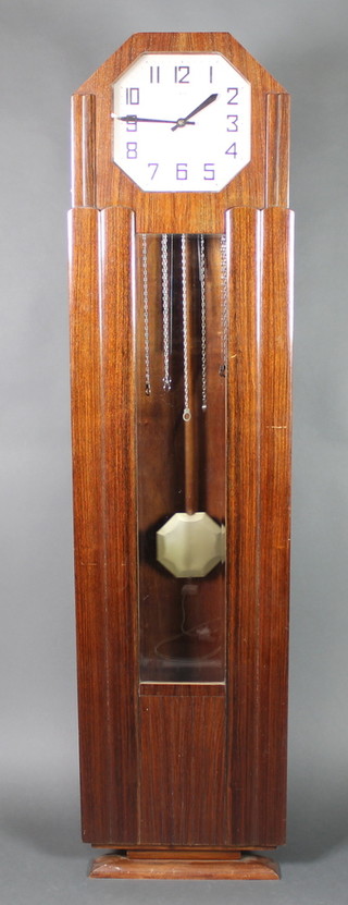 Girod, an Art Deco 8 day longcase clock,  striking on gong, with 11" octagonal silvered dial, Roman numerals, contained in a mahogany case with bevelled plate glazed panelled door 78"h 