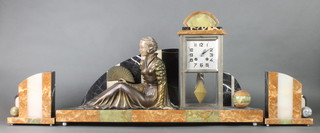 A French Art Deco spelter and 4 colour marble clock garniture, the striking mantel clock with square silvered dial contained in a 4 glass case supported by a spelter figure of a seated lady with fan, having 2 arch shaped side vases 