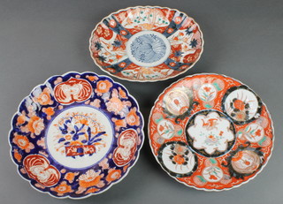 A late 19th Century Imari scalloped oval dish decorated with panels of flowers 9 1/2", 2 others 