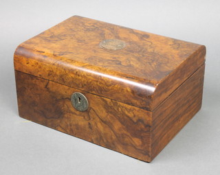 A Victorian figured walnut D shaped trinket box, the lid inset a metal panel and with plush interior 6"h x 12"w x 9"d 