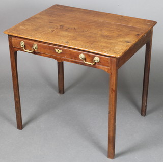 An 18th Century oak side table fitted a frieze drawer with brass swan neck drop handles, raised on square supports 25 1/2"h x 28"w x 22"d