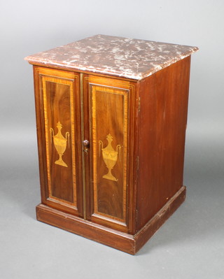 A Victorian inlaid safe cabinet enclosed by a pair of panelled doors and with pink veined marble top 37"h x 26"w x 26"d  