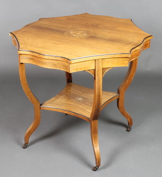 An Edwardian octagonal inlaid rosewood 2 tier occasional table, the top inlaid satinwood stringing with shaped undertier, raised on cabriole supports 29"h x 30"w x 29 1/2"d 