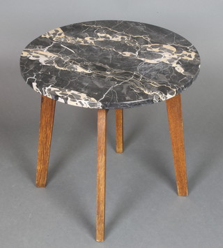 An Art Deco circular marble topped occasional table, raised on 3 oak panels 19 1/2" x 21", the marble is scratched 