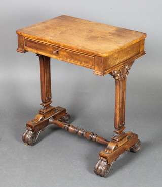 A rectangular Regency mahogany work table fitted a drawer, raised on standard end supports with H framed stretcher and scrolled feet 29"h x 24"w x 16 1/2"d 