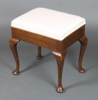 A rectangular mahogany box seat piano stool with hinged lid raised on cabriole supports 20"h x 19"w x 15"d 