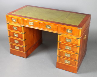 A Victorian style yew Military desk with green inset writing surface above 10 short drawers, fitted 1 long drawer with brass carrying handles to the sides 29 1/2"h x 48"w x 24"d 