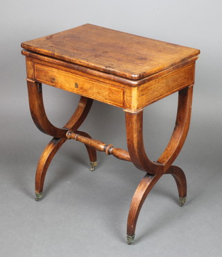 A Georgian inlaid rectangular mahogany card table with base fitted a drawer, raised on an X framed stretcher 29"h x 23 1/2"w x 16"d 