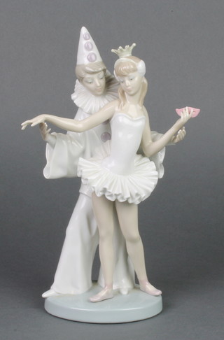 A Lladro group of a clown and ballet dancer 10" 