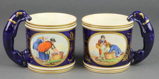 A pair of 19th Century English mugs, the blue ground with panels of figures having greyhound handles