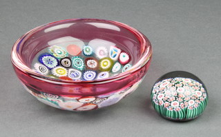A millefiori paperweight with multicoloured canes 2", a ditto deep bowl 5" 