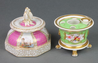 A 19th Century Paris Porcelain inkwell, the green and gilt ground with panels of flowers on claw feet 3 1/2", a Dresden octagonal ditto with floral lid and panels of harbour scenes with figures 4" 