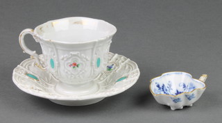 A 19th Century leaf shaped Meissen dish with floral decoration and rustic handle 3", ditto cabinet cup and saucer with floral rosettes 