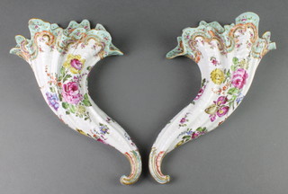 A pair of 19th Century German porcelain cornucopia wall pockets decorated with flowers 12 1/2" 