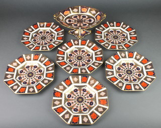 A Royal Crown Derby Japan pattern dessert service comprising oval tazza and 6 octagonal plates 10" 