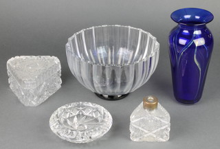 A fluted studio glass bowl with blue base 8", ditto vase, triangular box, ashtray and atomiser 
