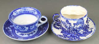 A Victorian transfer print giant tea cup and saucer, a ditto moustache tea cup and saucer with blue and white floral decoration  