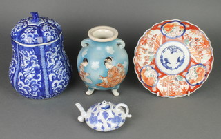 A Chinese squat blue and white teapot decorated with flowers 5", a Japanese vase, an Imari plate and modern Chinese blue and white gourd shaped vase and cover