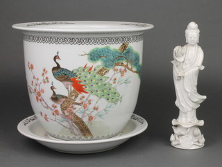 A 20th Century Chinese jardiniere and stand decorated with peacocks and script 9" and a blanc de chine figure of Guanyin 10" 