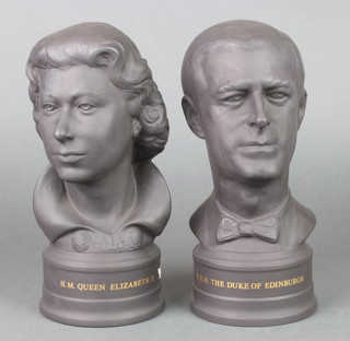 A pair of Wedgwood black basalt limited edition commemorative busts of HM Queen Elizabeth II and HRH The Duke of Edinburgh with certificates no. 427/750 9" 