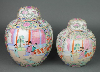 A 20th Century Cantonese ginger jar and cover decorated with panels of figures and birds 8", a ditto 8" 