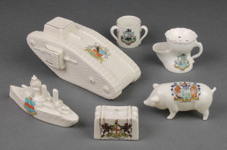 An Arcadian china crested model of a tank 7" and 5 other crested items