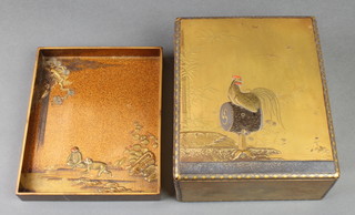 A Meiji period rectangular lacquer box, the gold ground lid decorated with a cockerel, the interior tray with monkeys beneath flowering trees, 8" x 6 1/2" 
